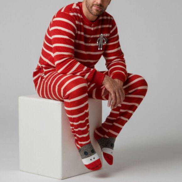 Nick & Nora Red Striped Sock Monkey Adult Onesie Pajamas XL– NWT Holiday PJ - Picture 6 of 7